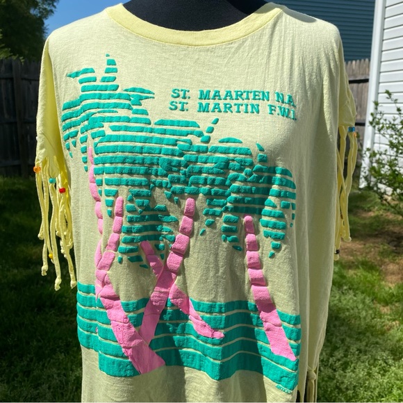 Vintage 90’s  St. Martin’s Palm Tree Fringe Beaded T-shirt Cover-Up - Picture 2 of 10